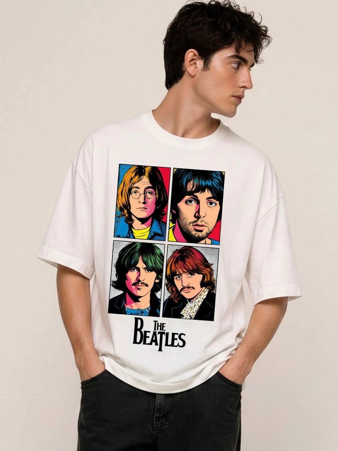Hazuku Men's Off-White The Beatles Pop Art Graphic Printed Oversized T-Shirt
