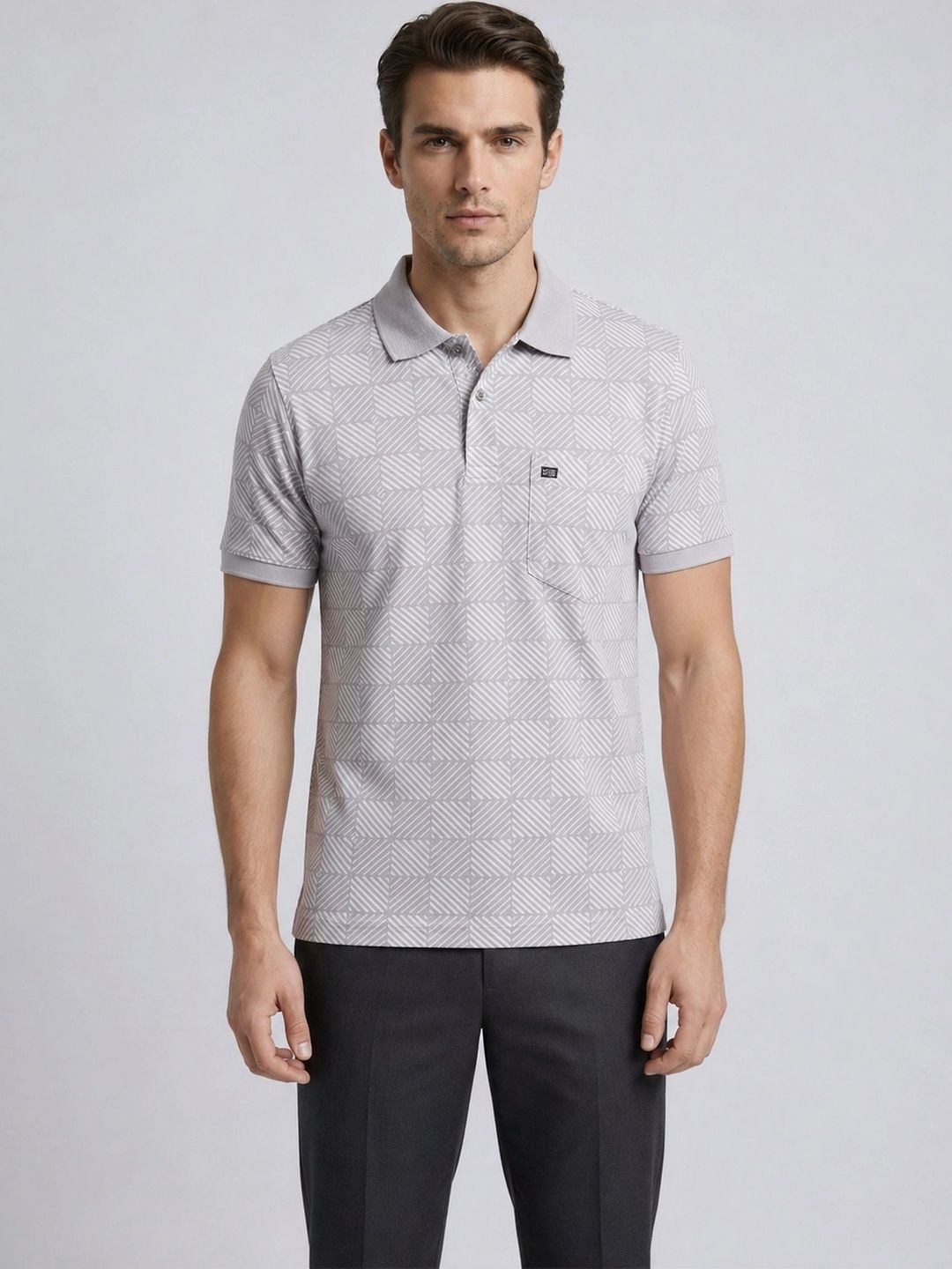 Monk Mode Men Grey Pulse Grid Printed Short Sleeves Regular Fit   Polo T-shirt