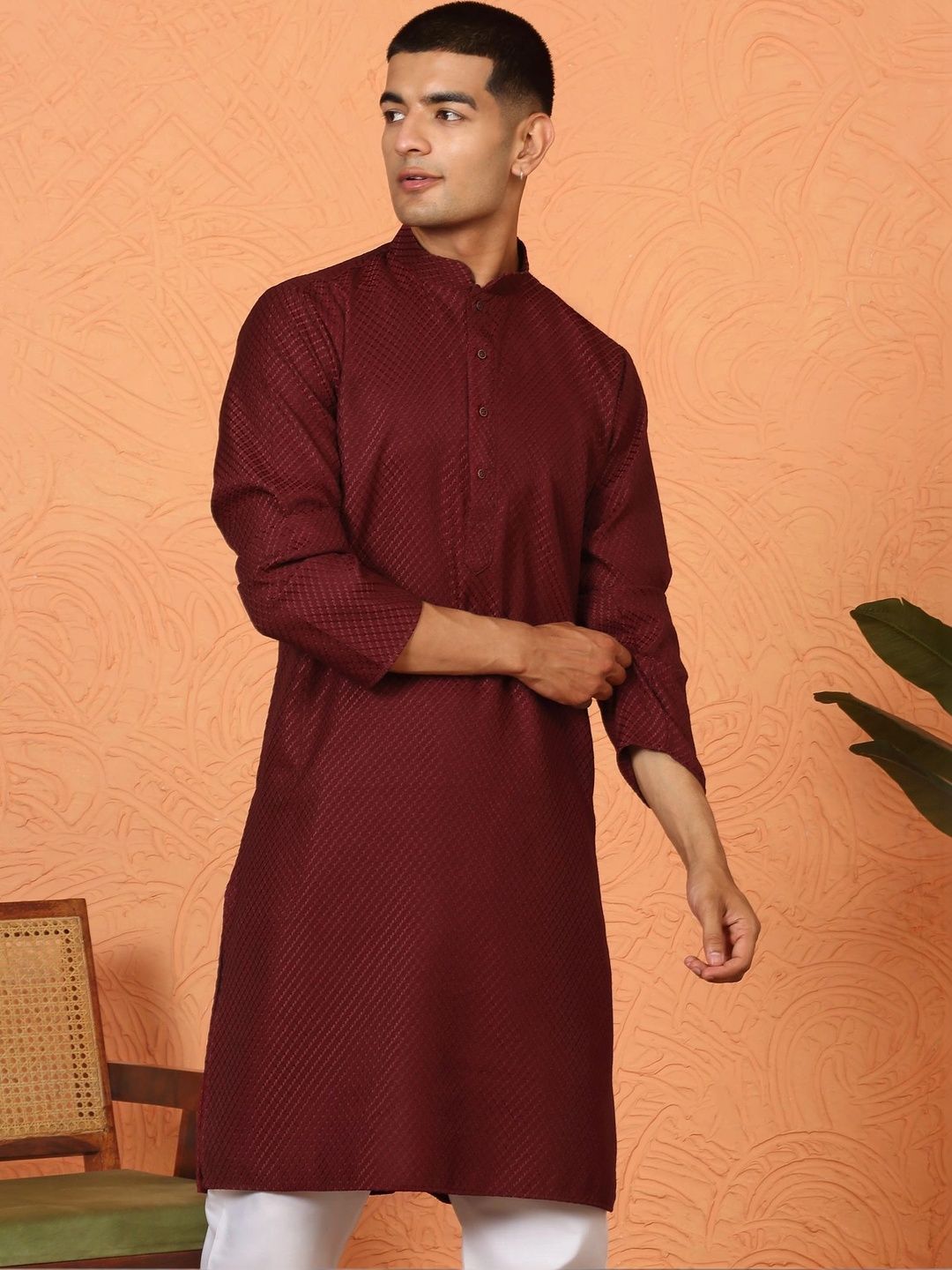 KRAFT INDIA Chikan Embroidered Cotton Rayon Maroon Kurta
