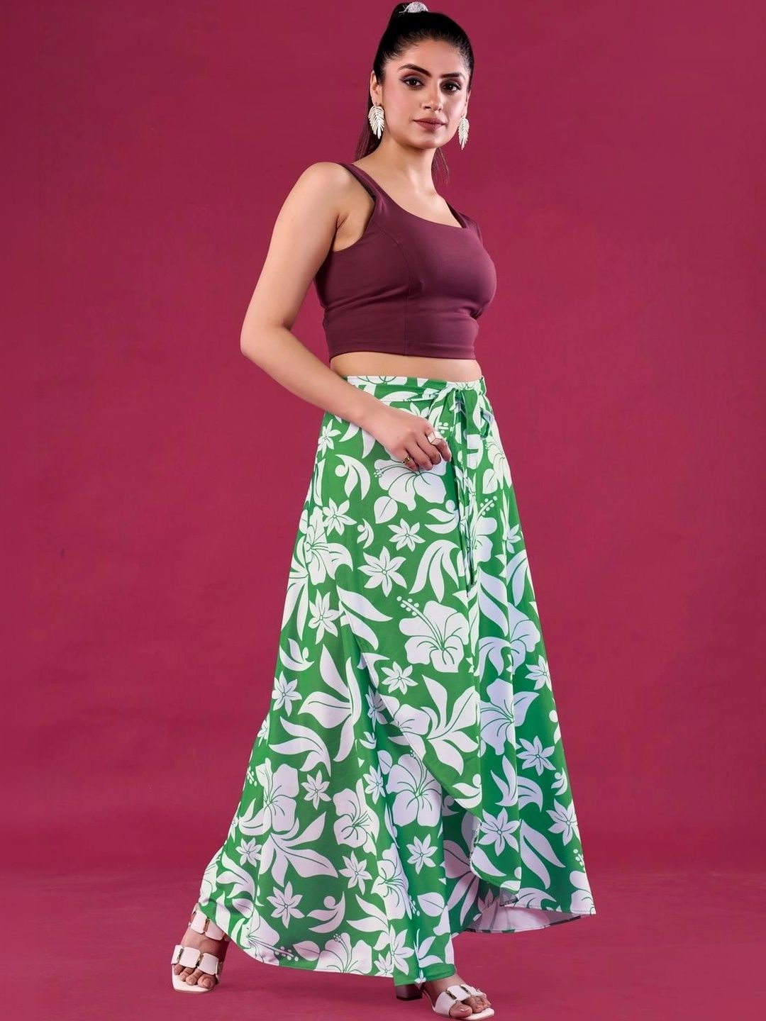 Moda Rapido Women Cotton Cambric Floral Tropical Front Slit Maxi Wrap Skirt