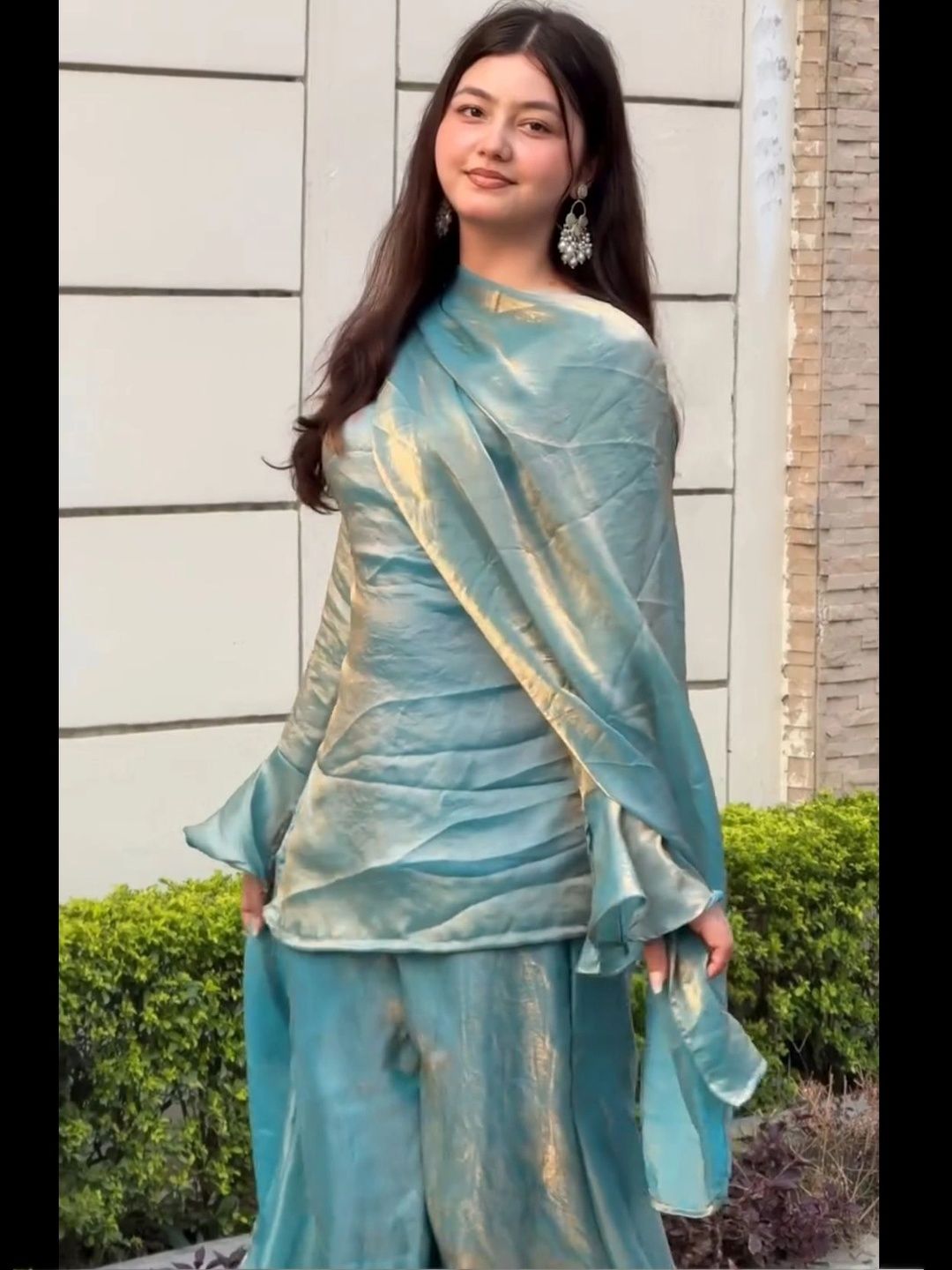 TIWESA-THE TREASURE OF CREATIONTIWESA TIWESA-THE TREASURE OF CREATIONTIWESA Dyed Flared Sleeve Satin A-Line Long Dress
