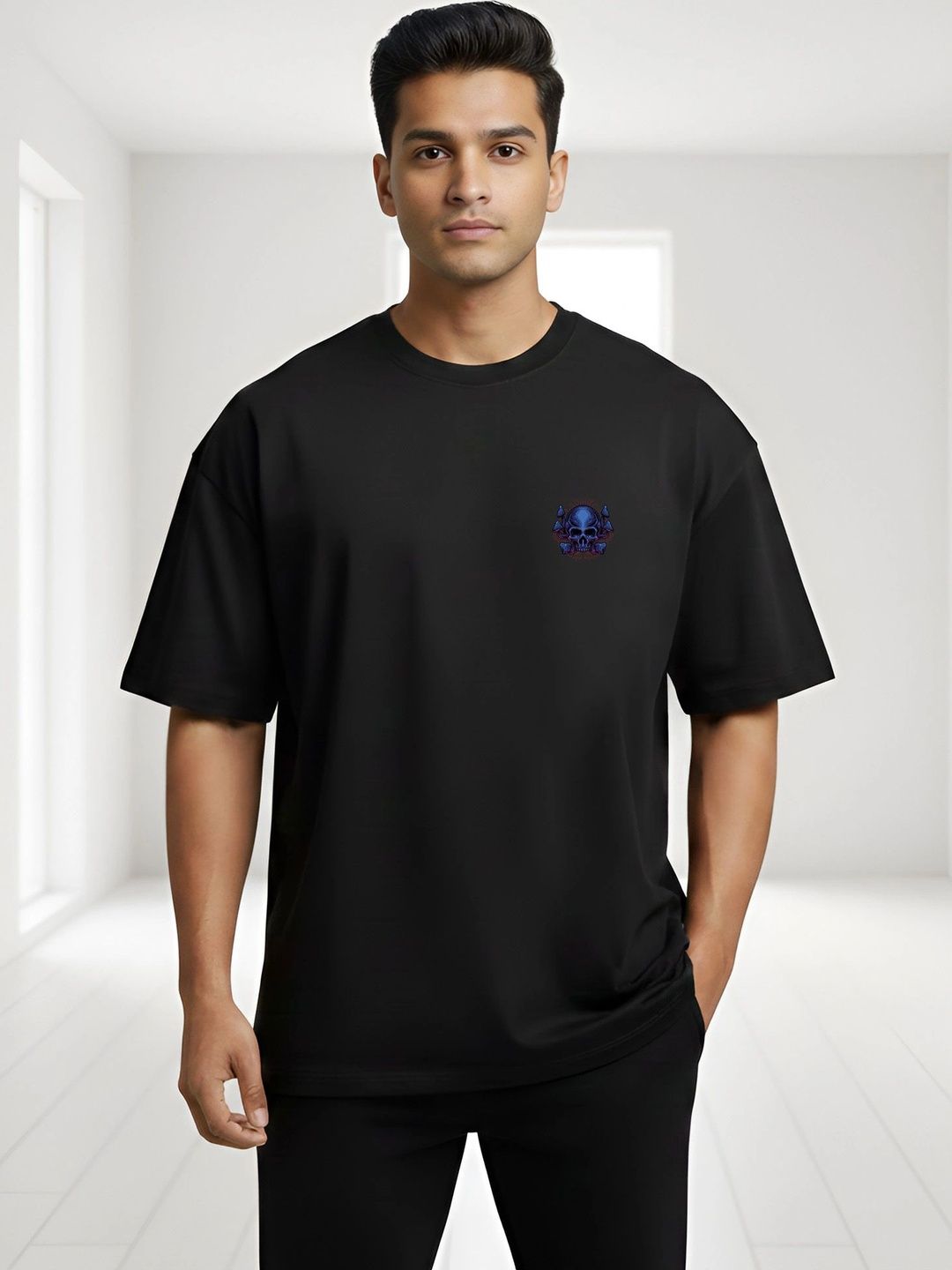 Black Pigeon Black Graphic Oversized T-shirt with Drop-Shoulder Sleeves