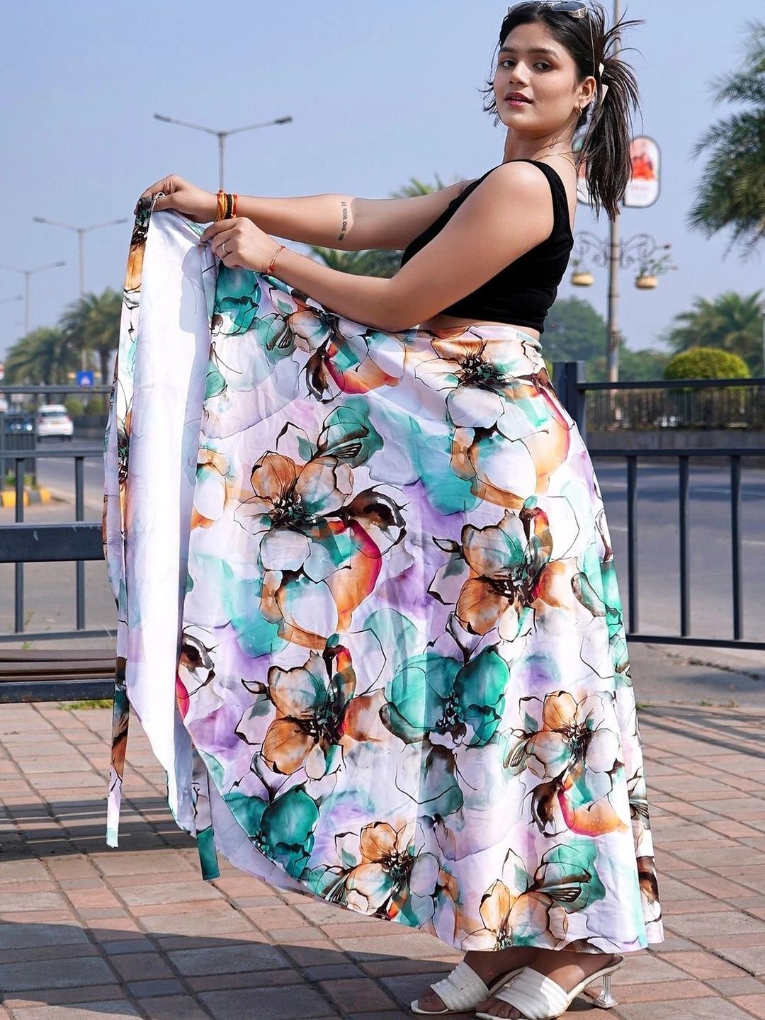 Moda Rapido Women Cotton Cambric Floral Front Slit Maxi Wrap Skirt