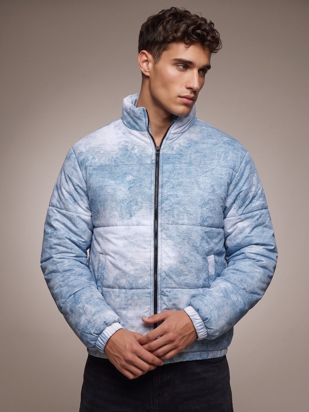 glitchez Stand Collar Abstract Printed Relaxed Fit Puffer Jacket