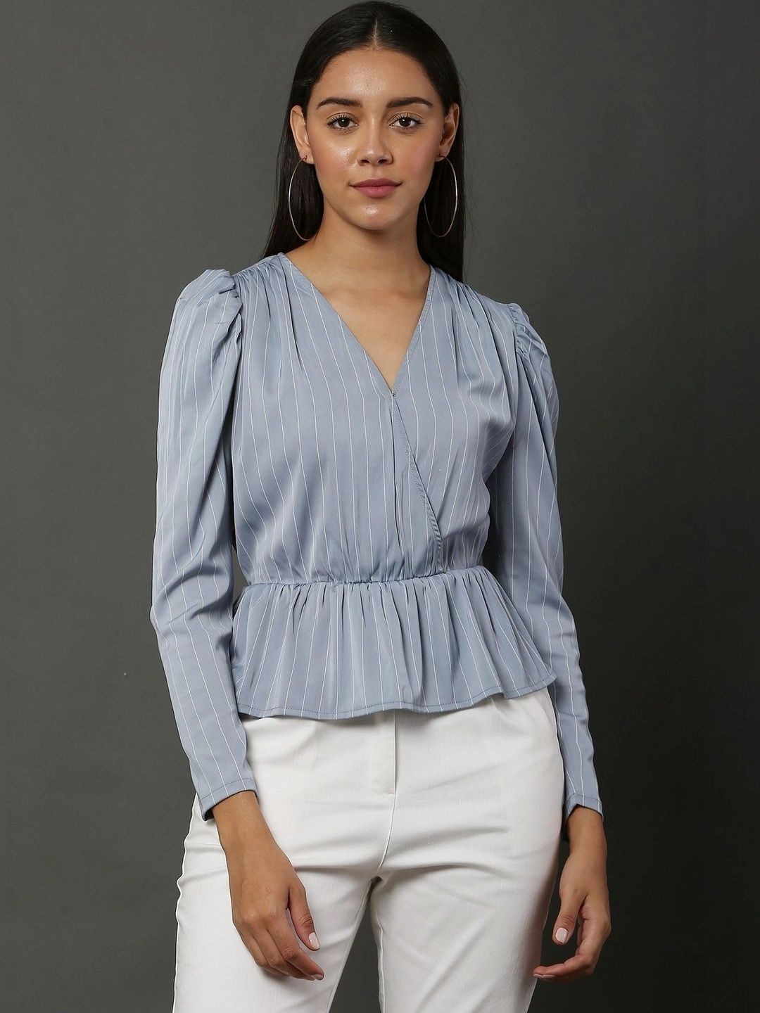 SEW SEW Striped Puff Sleeve Peplum Top