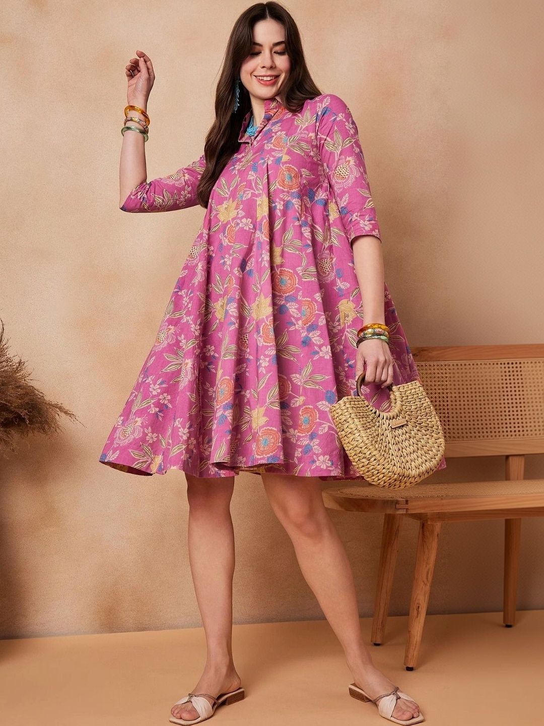 HERE&NOW Floral Printed Shirt Collar Fit & Flare Knee Length Dress