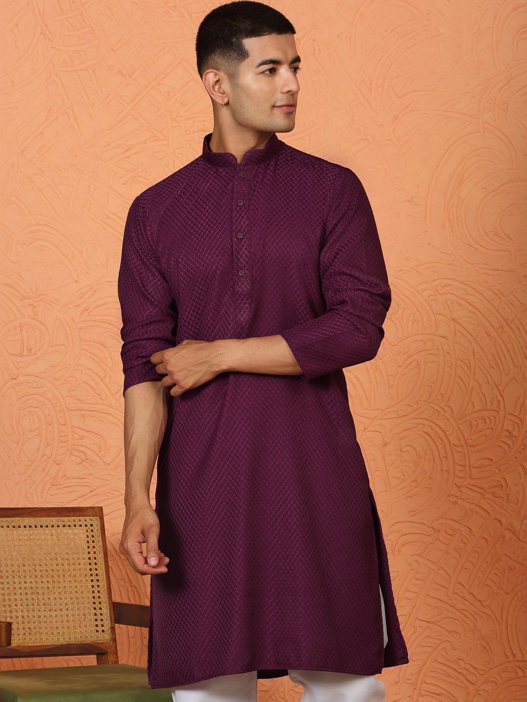 KRAFT INDIA Chikan Embroidered Cotton Rayon Purple Kurta