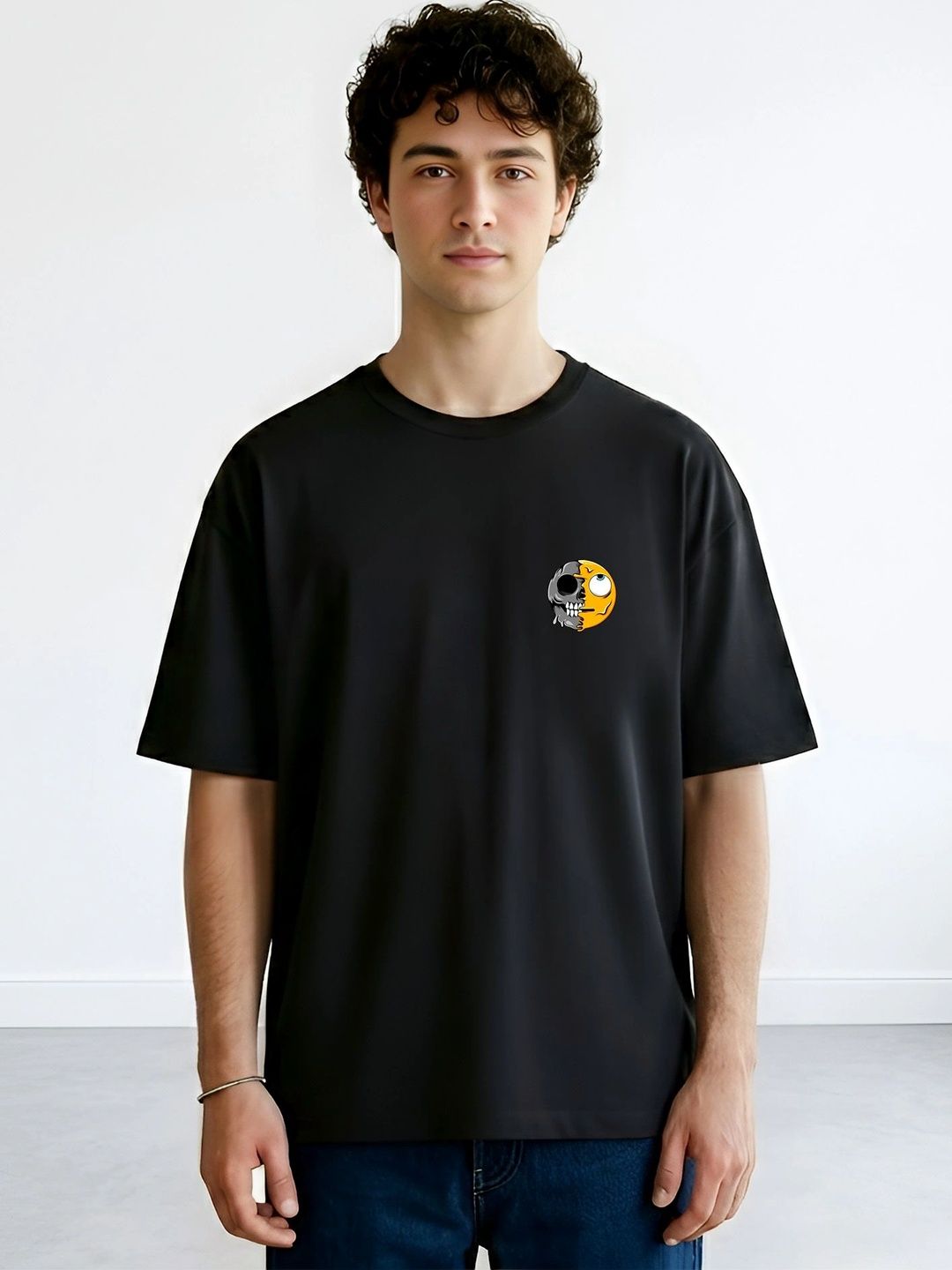 Black Pigeon Black Graphic Printed Oversized T-shirt with Drop-Shoulder Sleeves