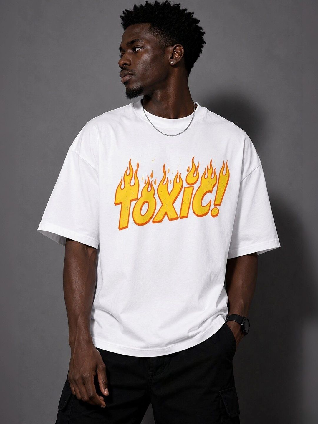 HERE&NOW Men Typography Printed Drop-Shoulder Sleeves T-shirt
