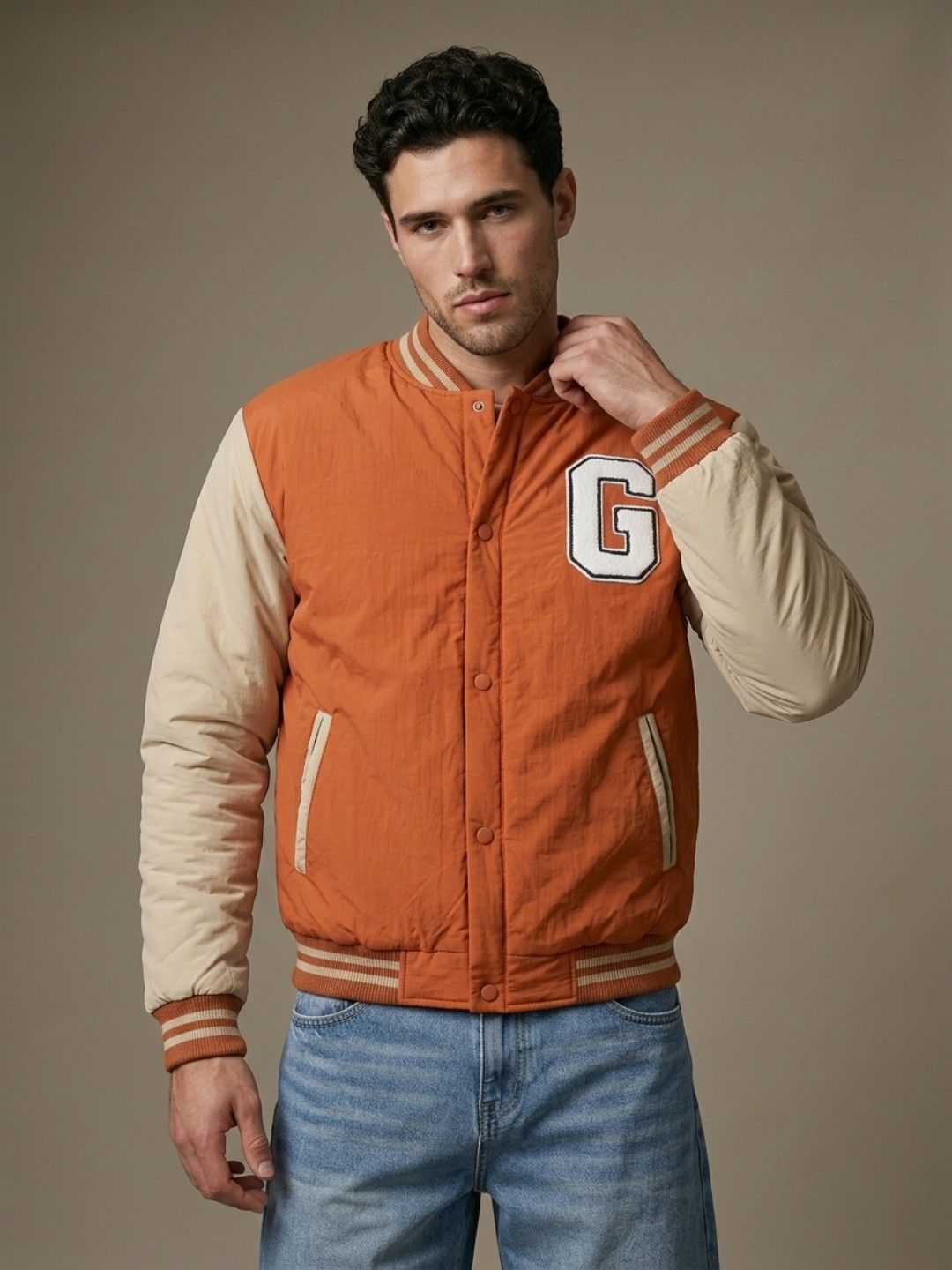 glitchez Typography Applique Stand Collar Relaxed Fit Bomber Jacket