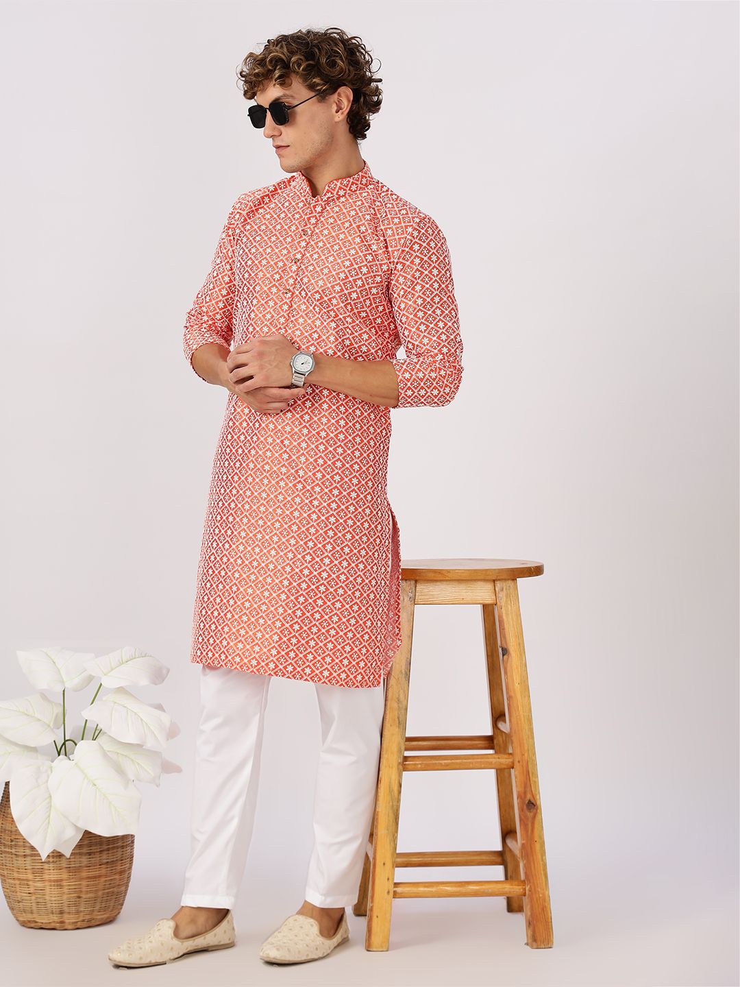 Anouk Men Geometric Embroidery Knee Length Straight Kurta