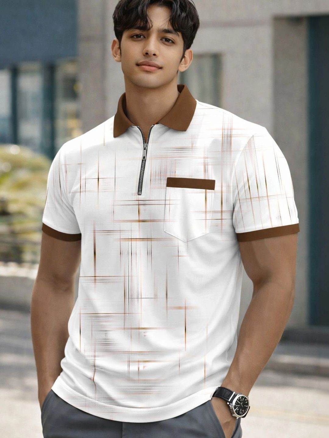 FLEXOTIC Men Printed Polo Collar Pockets T-shirt