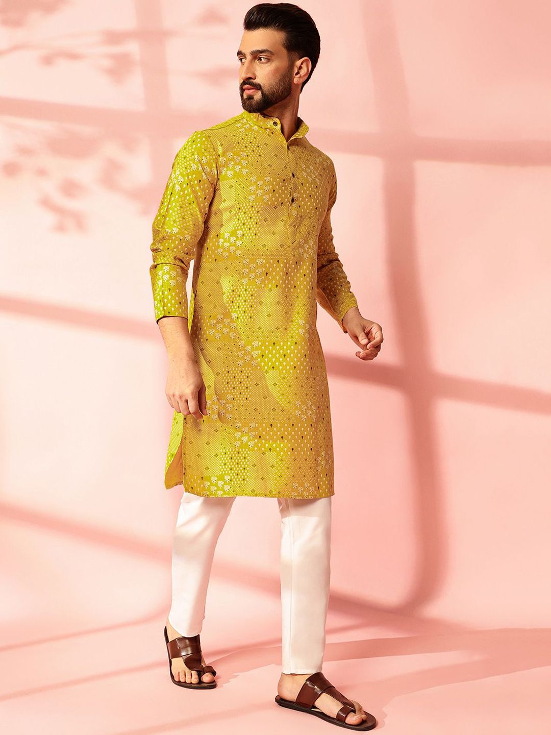 Anouk Floral Printed Band Collar Cotton Linen Straight Kurta