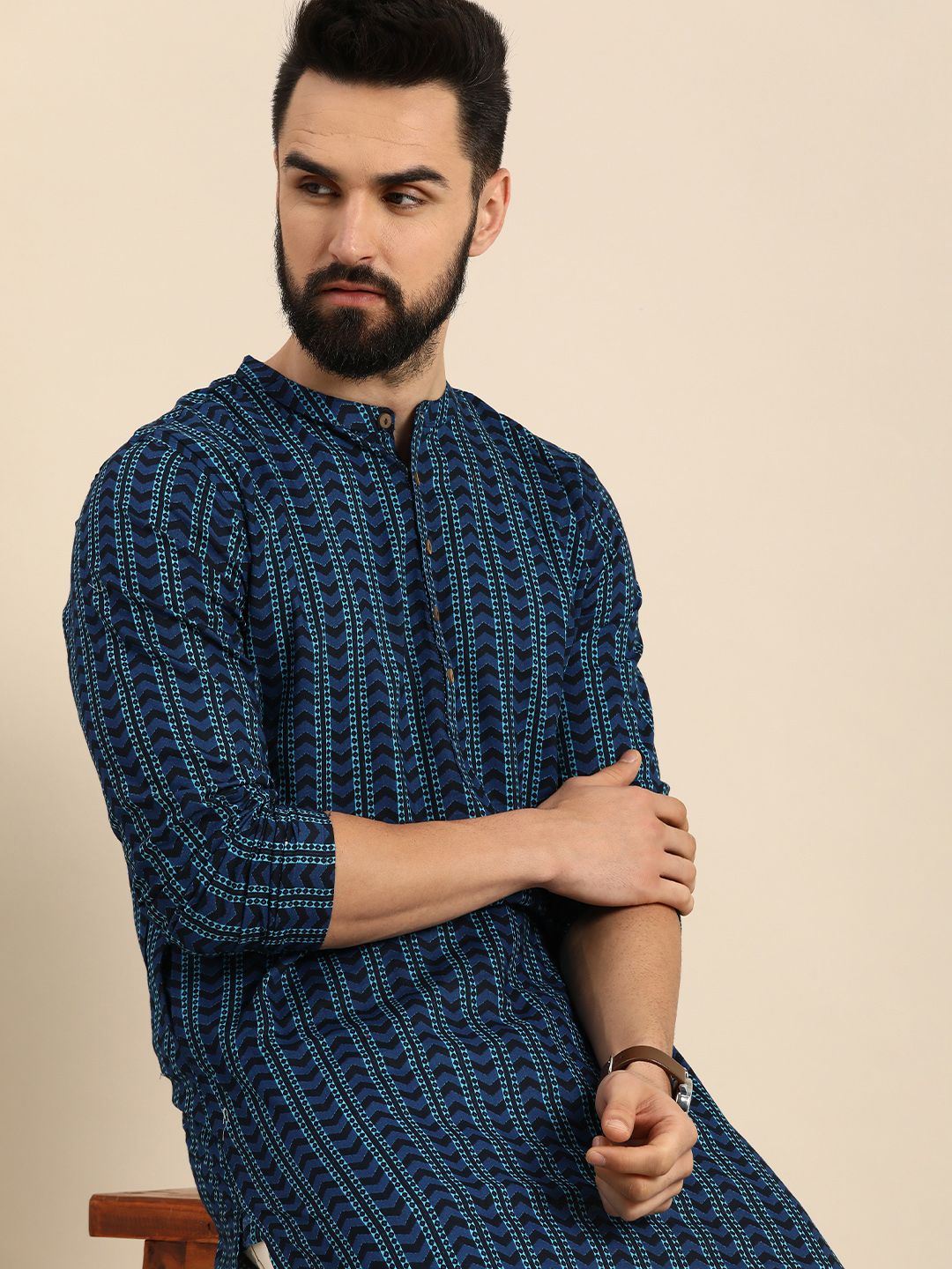 Anouk Men Geometric Printed Indigo Pure Cotton Straight Kurta