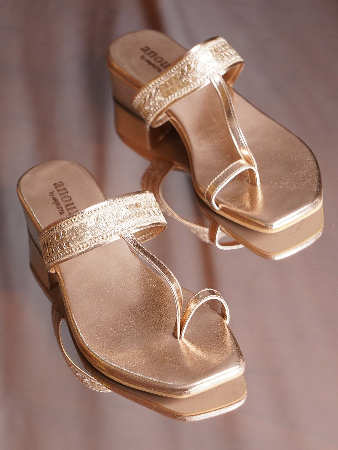 Anouk Anouk Rose Gold-Toned Embellished One Toe Block Heels