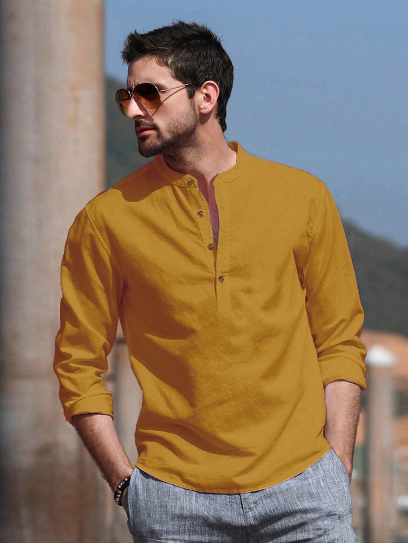 Anouk Cotton Roll-Up Sleeves Band Collar Straight Short Kurta