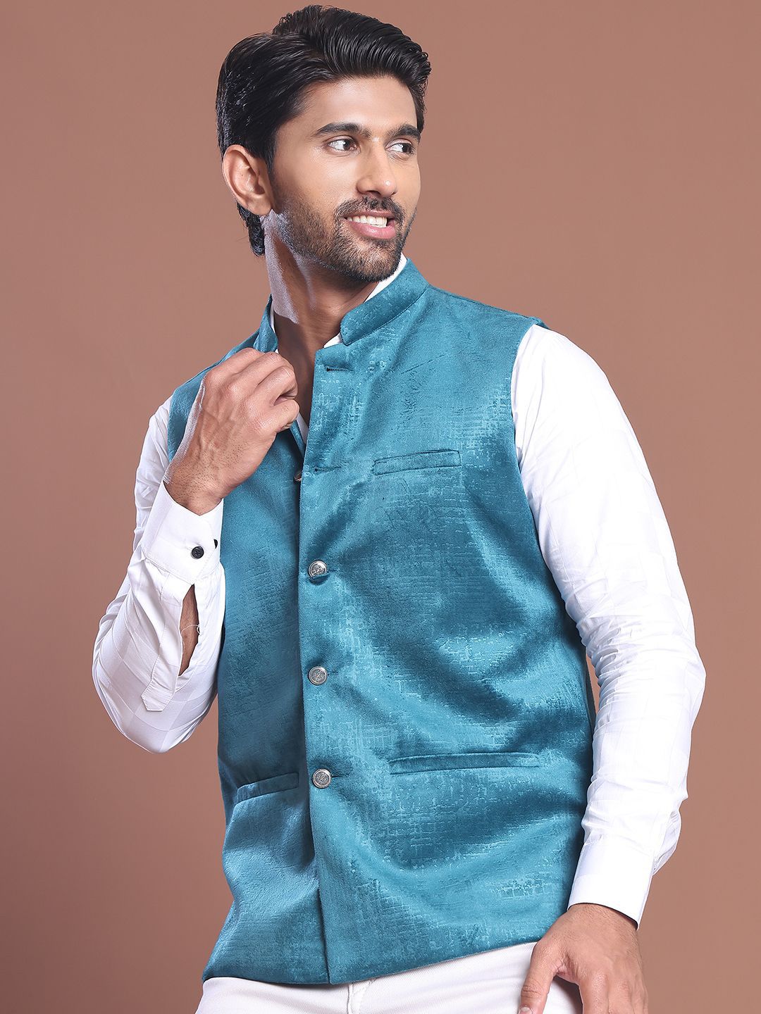 Anouk Printed Kurta With Pyjama & Nehru Jacket