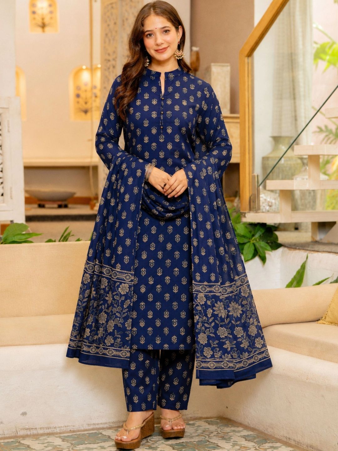 GEKHA Women Ethnic Motifs Printed Regular Pure Cotton Kurta with Trousers & With Dupatta