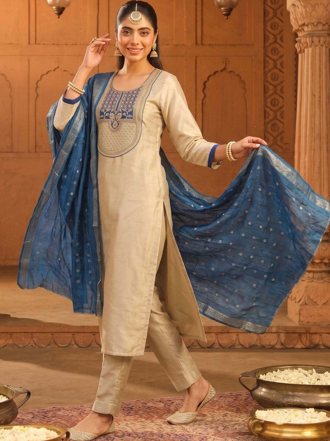SDK FASHION Women Ethnic Motifs Embroidered Regular Thread Work Kurta with Trousers & With Dupatta