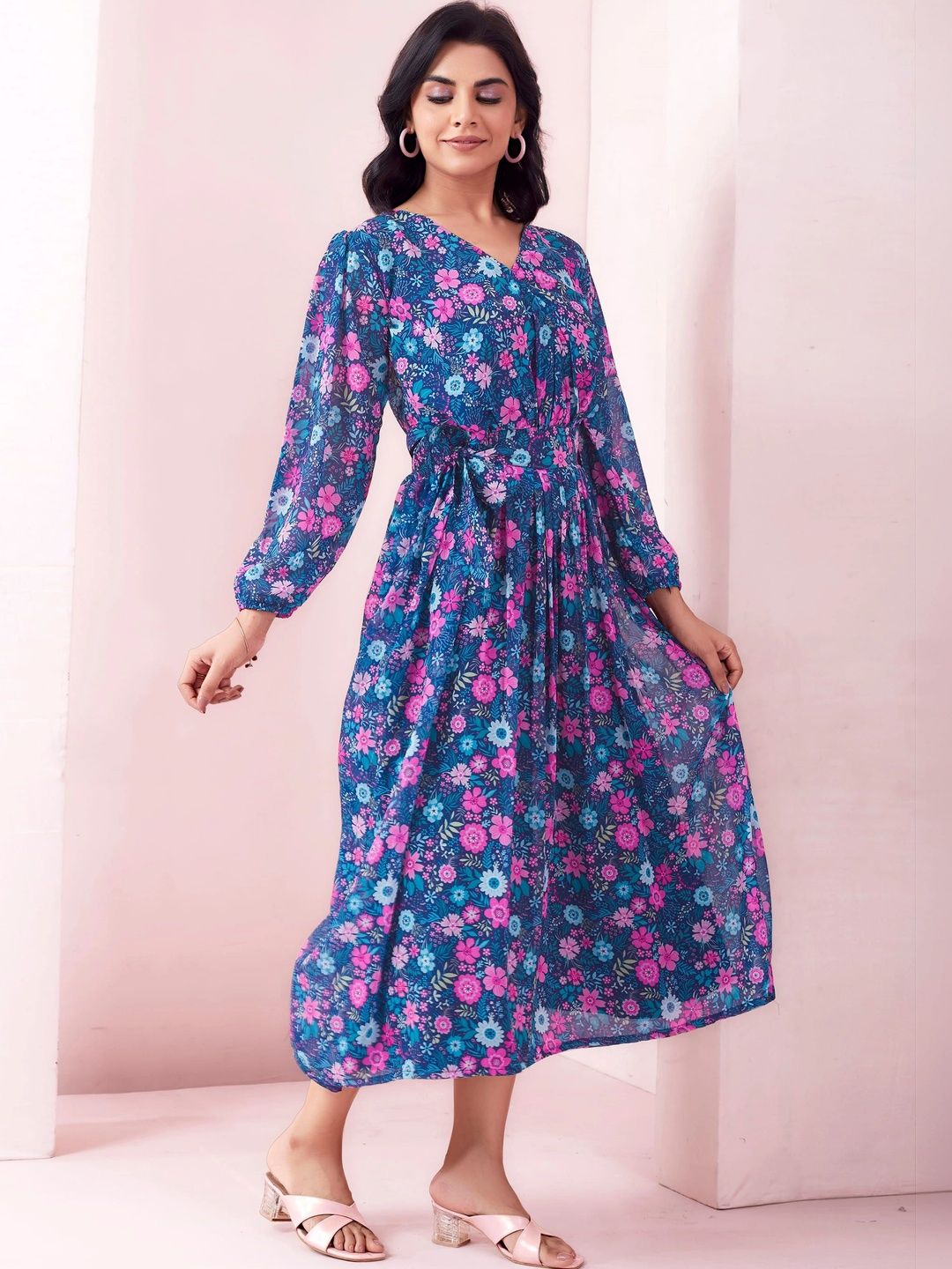 PAUSE Floral Print Georgette A-Line Midi Dress