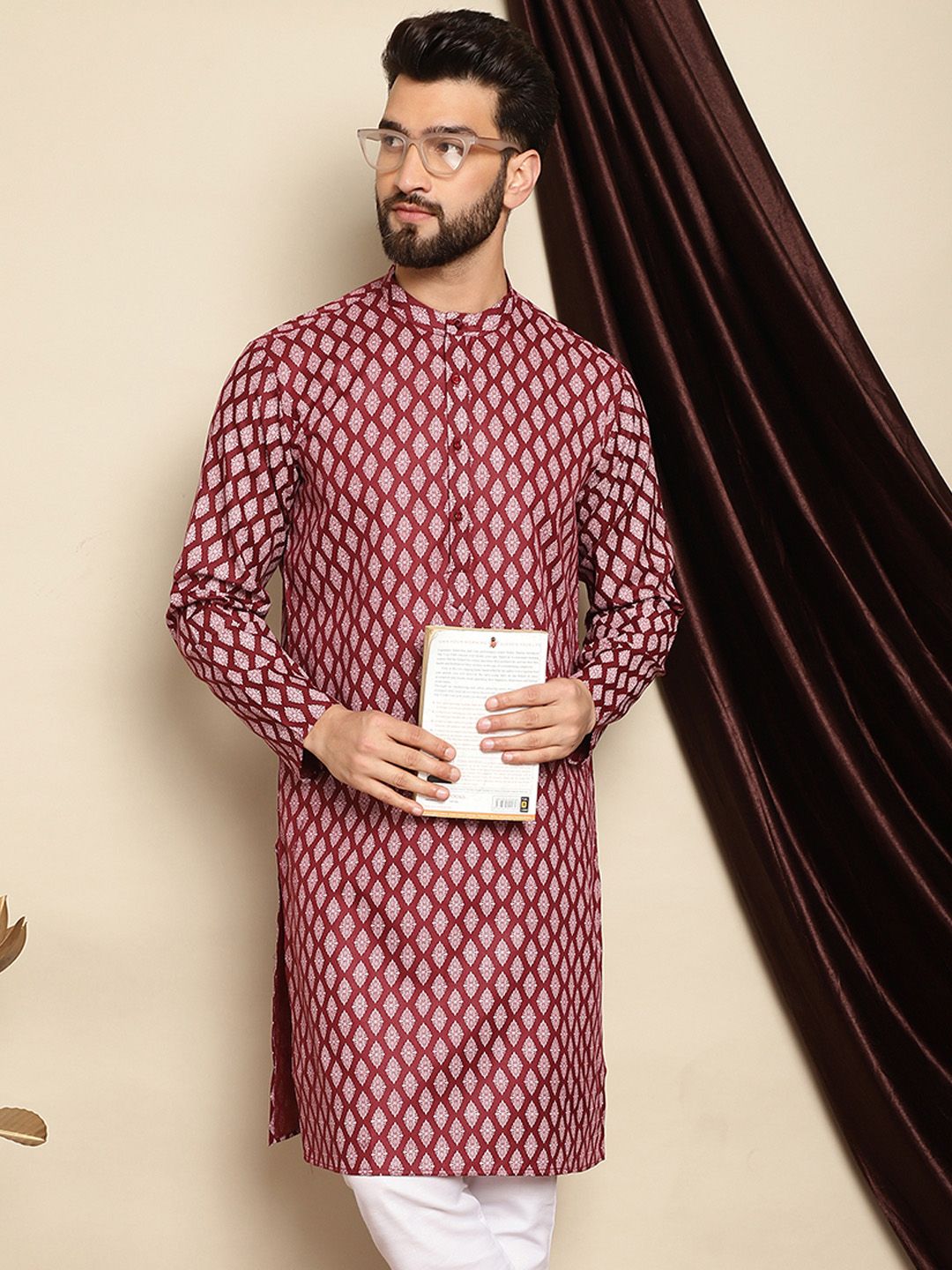 Anouk Maroon Ethnic Motifs Printed Band Collar Cotton Linen Straight Kurta