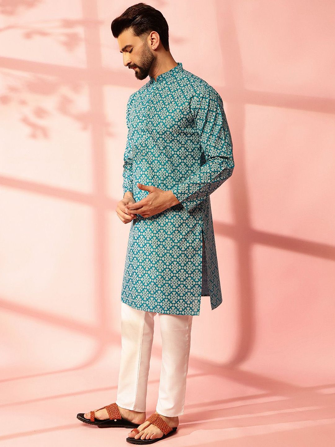 Anouk Floral Printed Mandarin Collar Cotton Linen Straight Kurta
