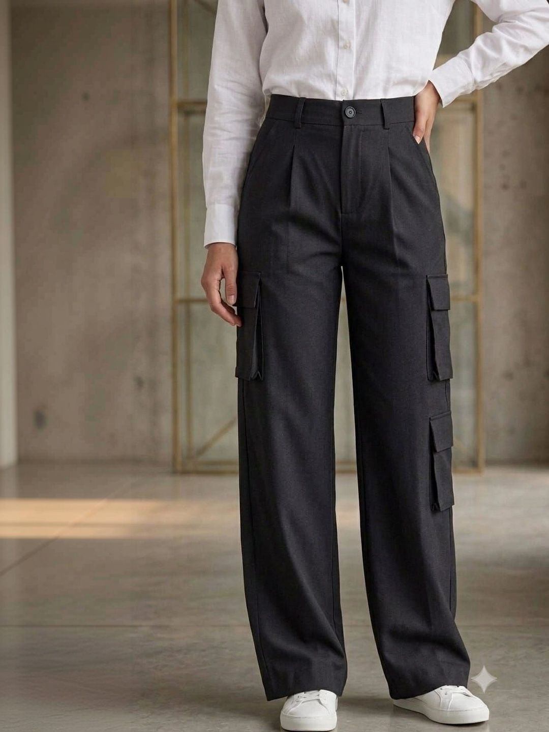 HIGH BUY HIGH BUY Women Original Loose Fit High-Rise Pleated Cargos Trousers