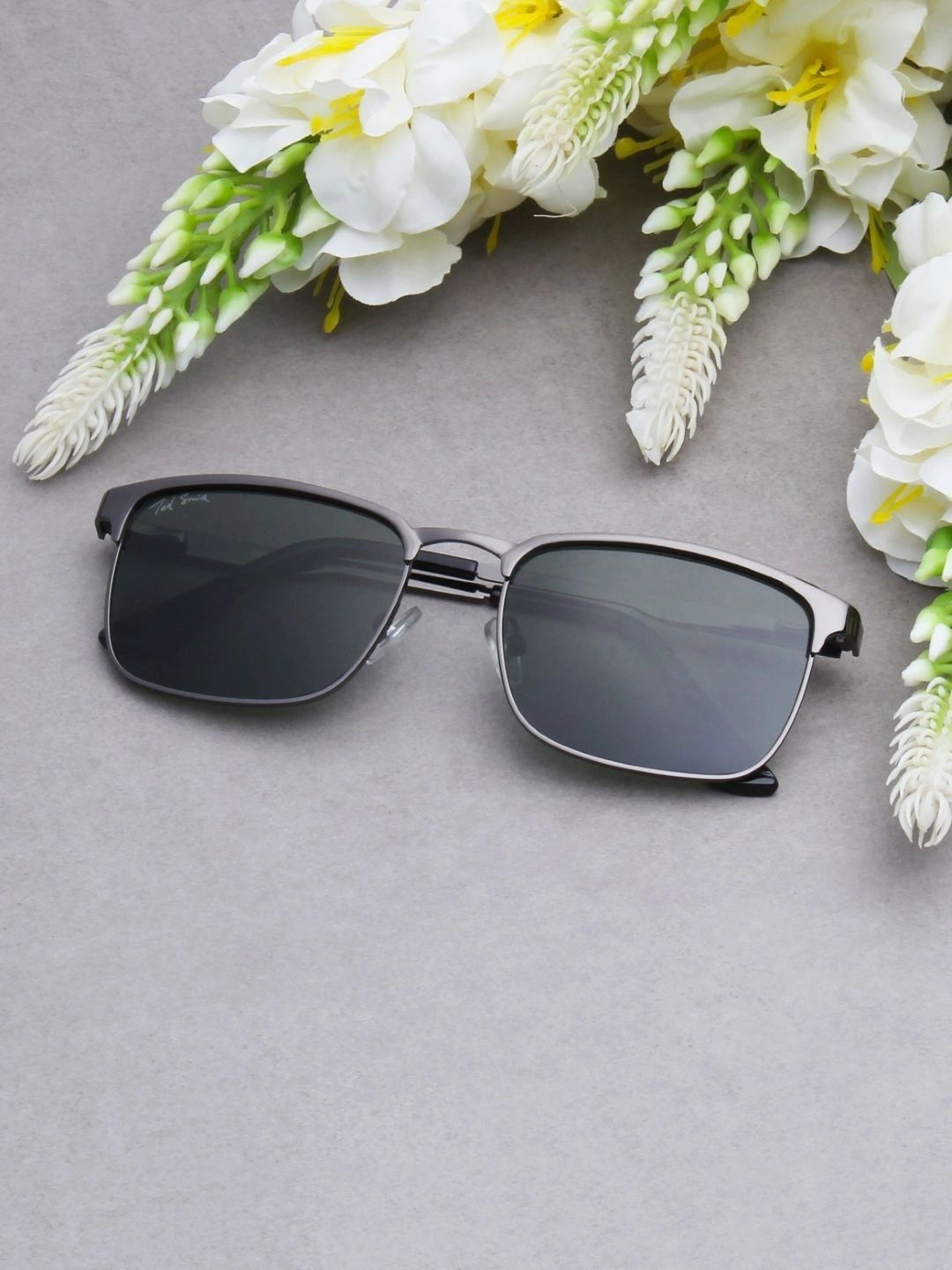 Ted Smith Unisex Green Lens & Gunmetal-Toned Rectangle Sunglasses with