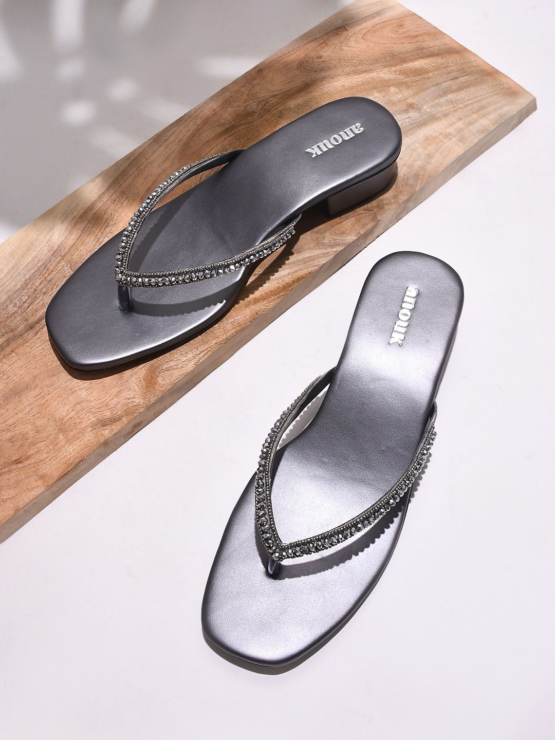 Anouk Grey Embellished Block Heels