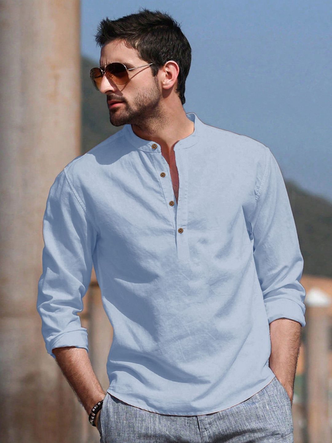 Anouk Cotton Roll-Up Sleeves Band Collar Straight Short Kurta