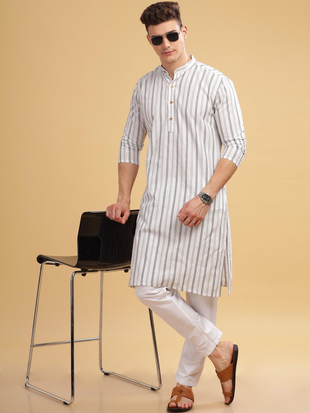 Anouk Pure Cotton Self Stripe Knee Length Kurta