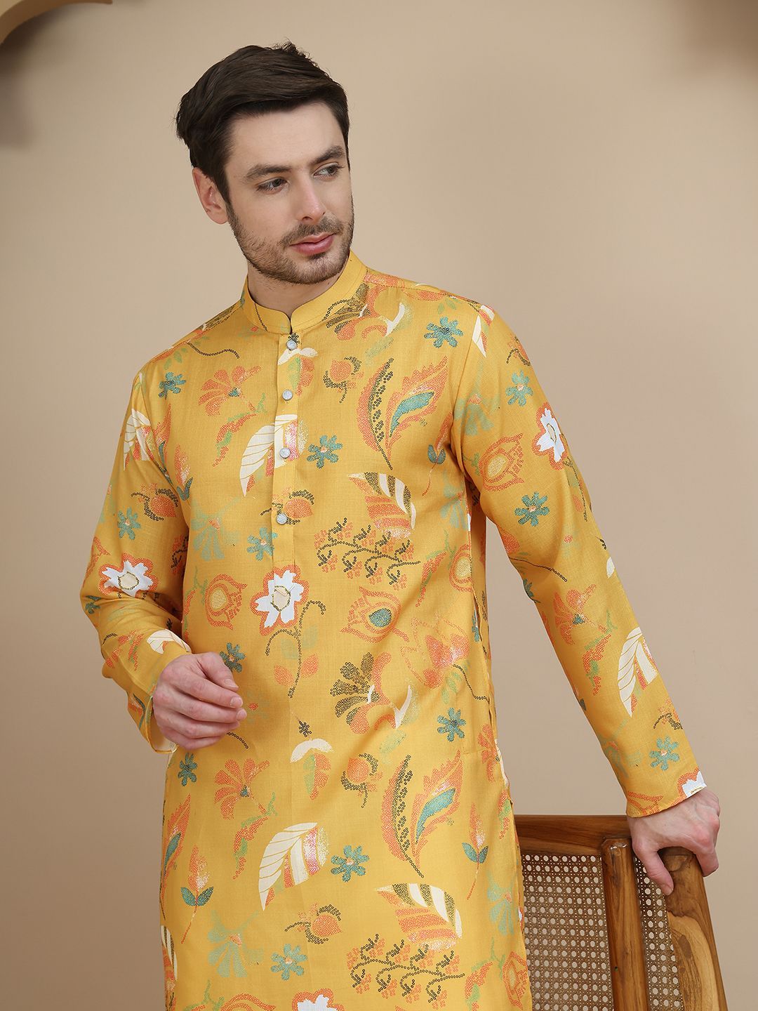 Anouk Floral Printed Mandarin Collar Straight Kurta