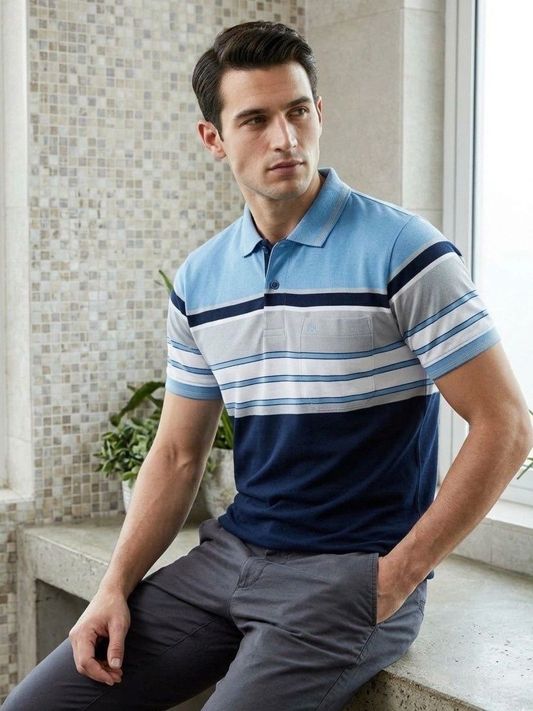 MALER Men Striped Polo Collar Pockets T-shirt