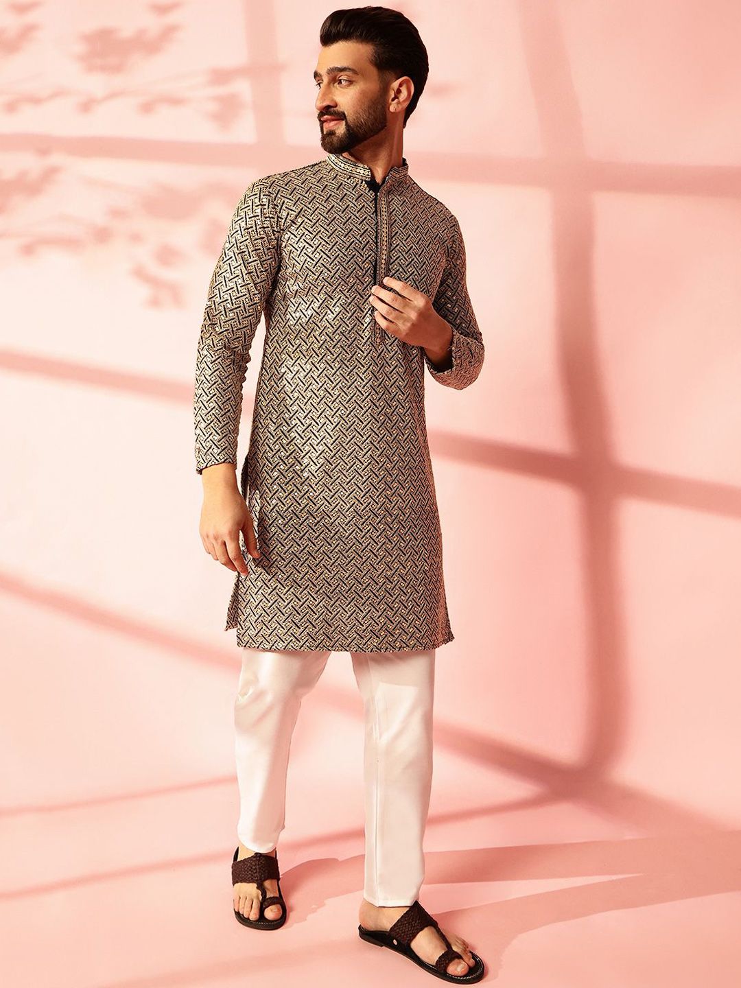 Anouk Geometric Embroidered Sequinned Cotton Straight Kurta