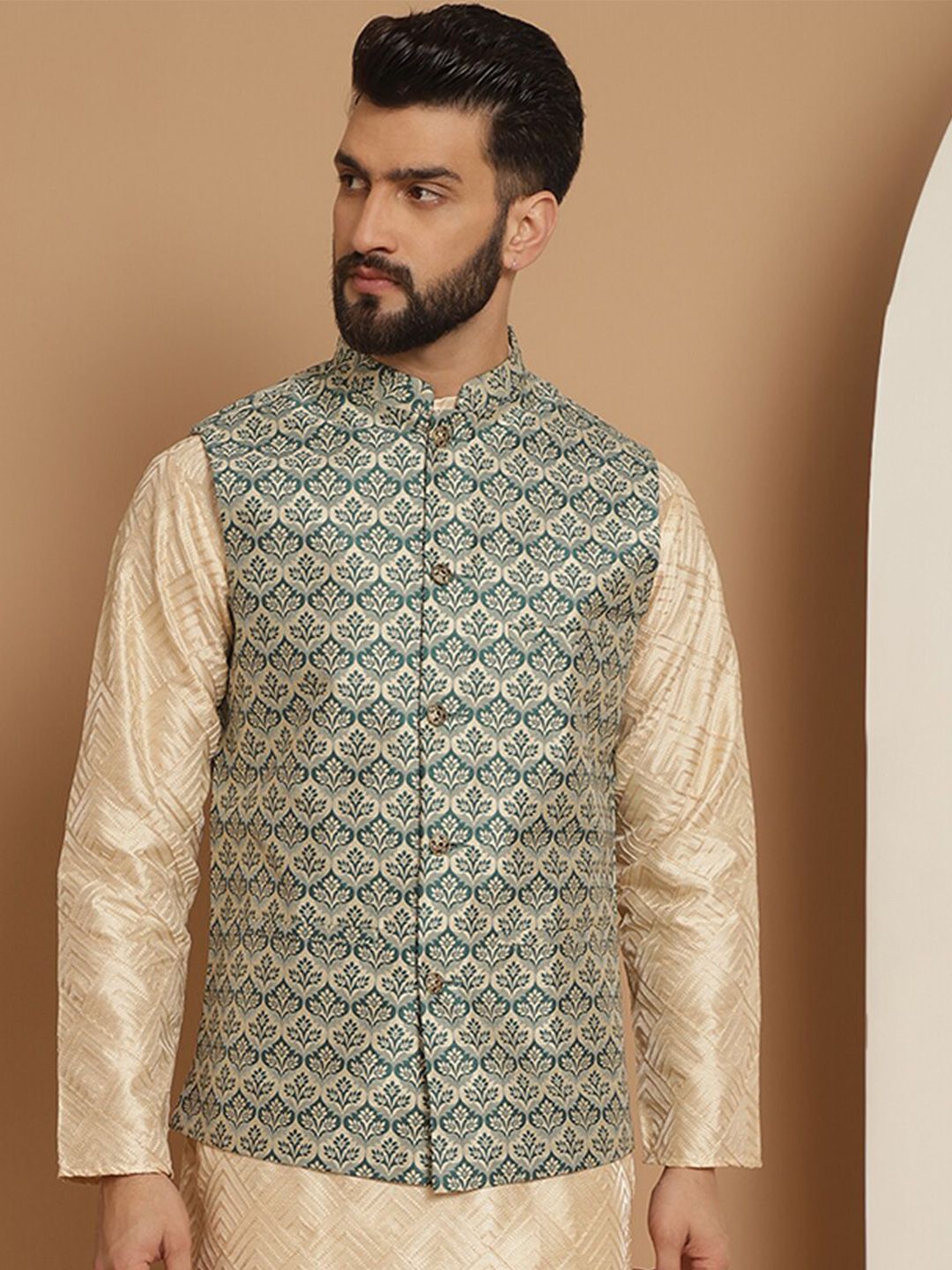 Anouk Green Woven Design Mandarin Collar Nehru Jacket