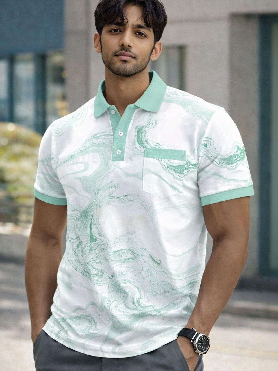 FLEXOTIC Men Printed Polo Collar Pockets T-shirt
