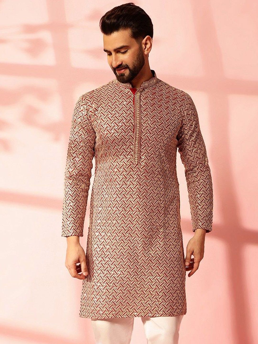 Anouk Geometric Embroidered Sequinned Cotton Straight Kurta