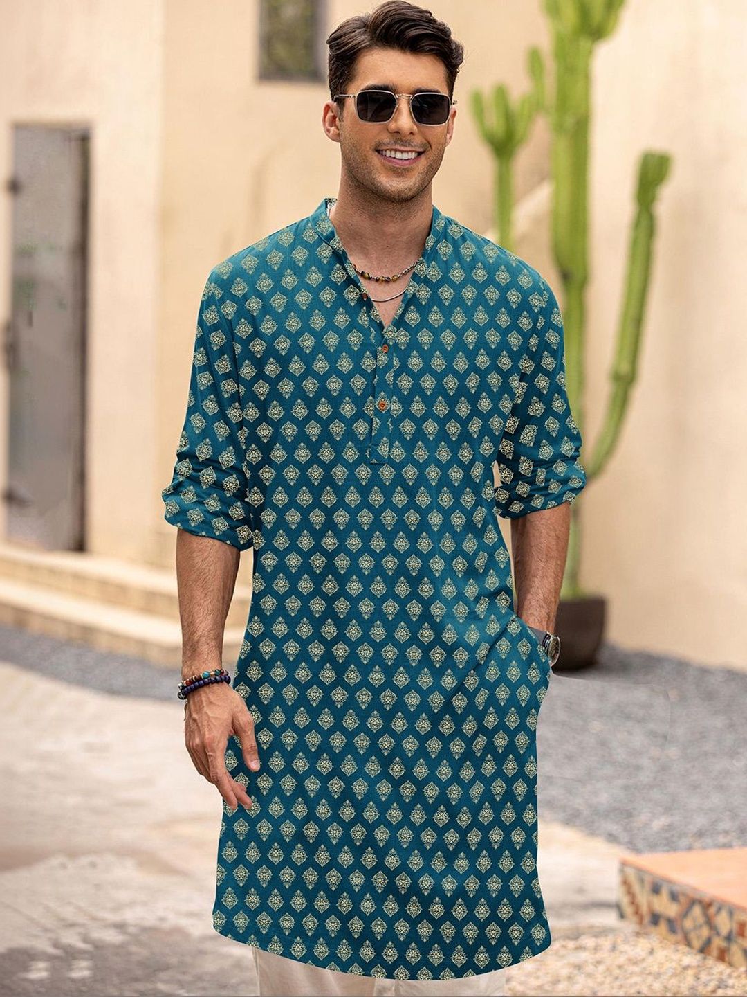 Anouk Printed Band Collar Straight Long Kurta