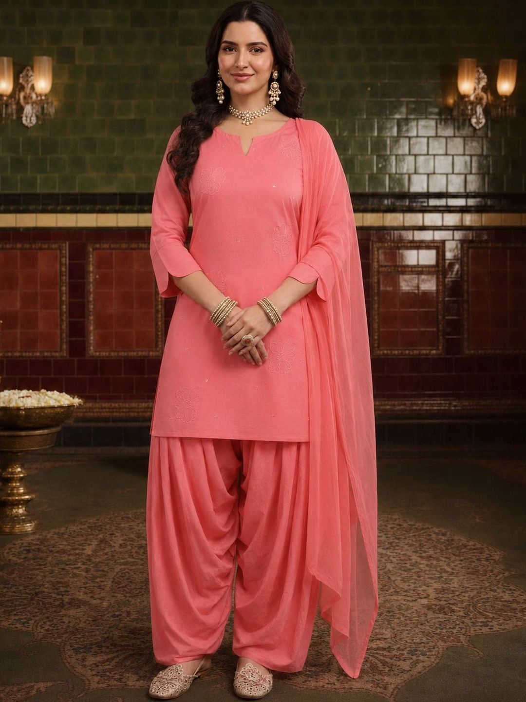 House of Pataudi Women Ethnic Motifs Embroidered Regular Thread Work Pure Cotton Kurta with Patiala & With