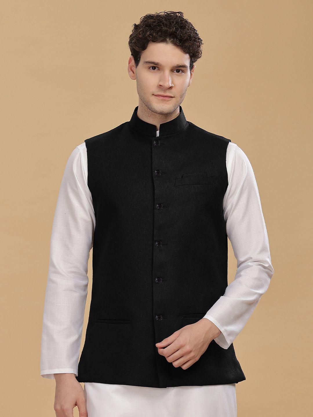 Anouk Men Cotton Linen Woven Nehru Jackets