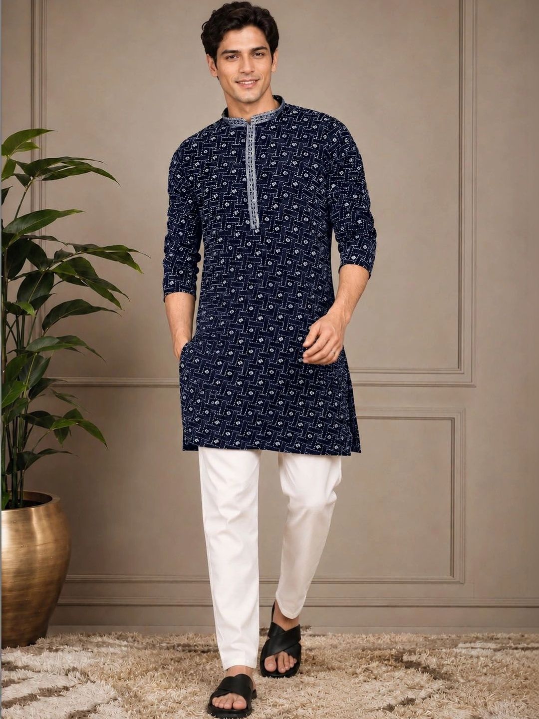 Anouk Men Geometric Printed Thread Work Kurta
