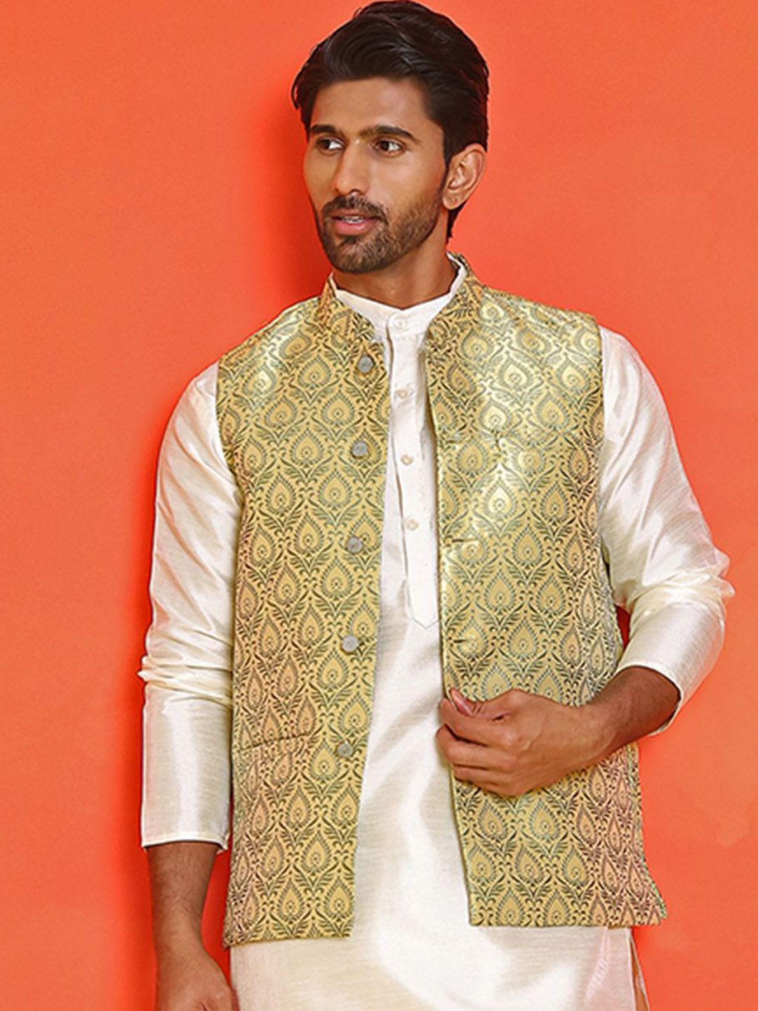 Anouk Printed Kurta With Pyjama & Nehru Jacket