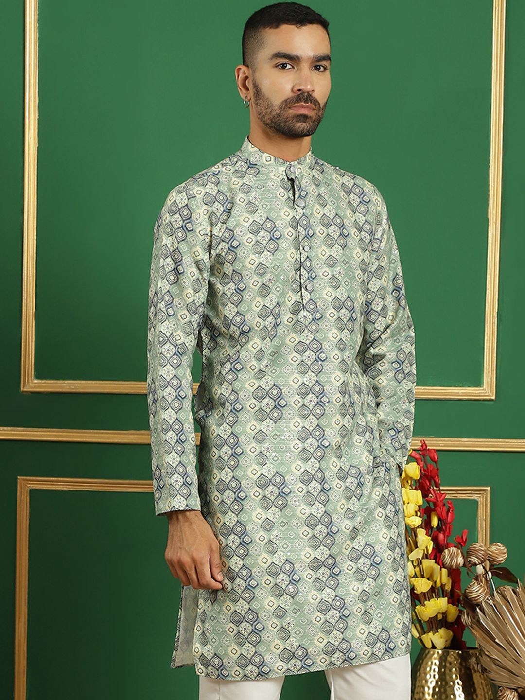 Anouk Green Geometric Printed Band Collar Straight Kurta