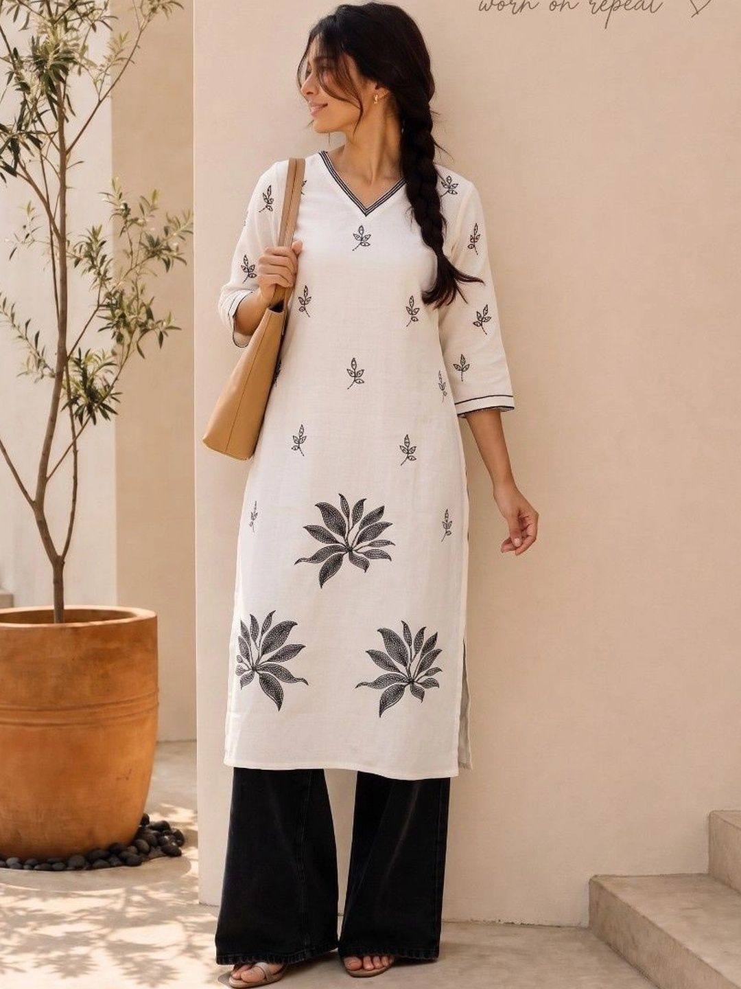 HOUSE OF AXI Botanical Printed V-Neck Pure Cotton Kurti
