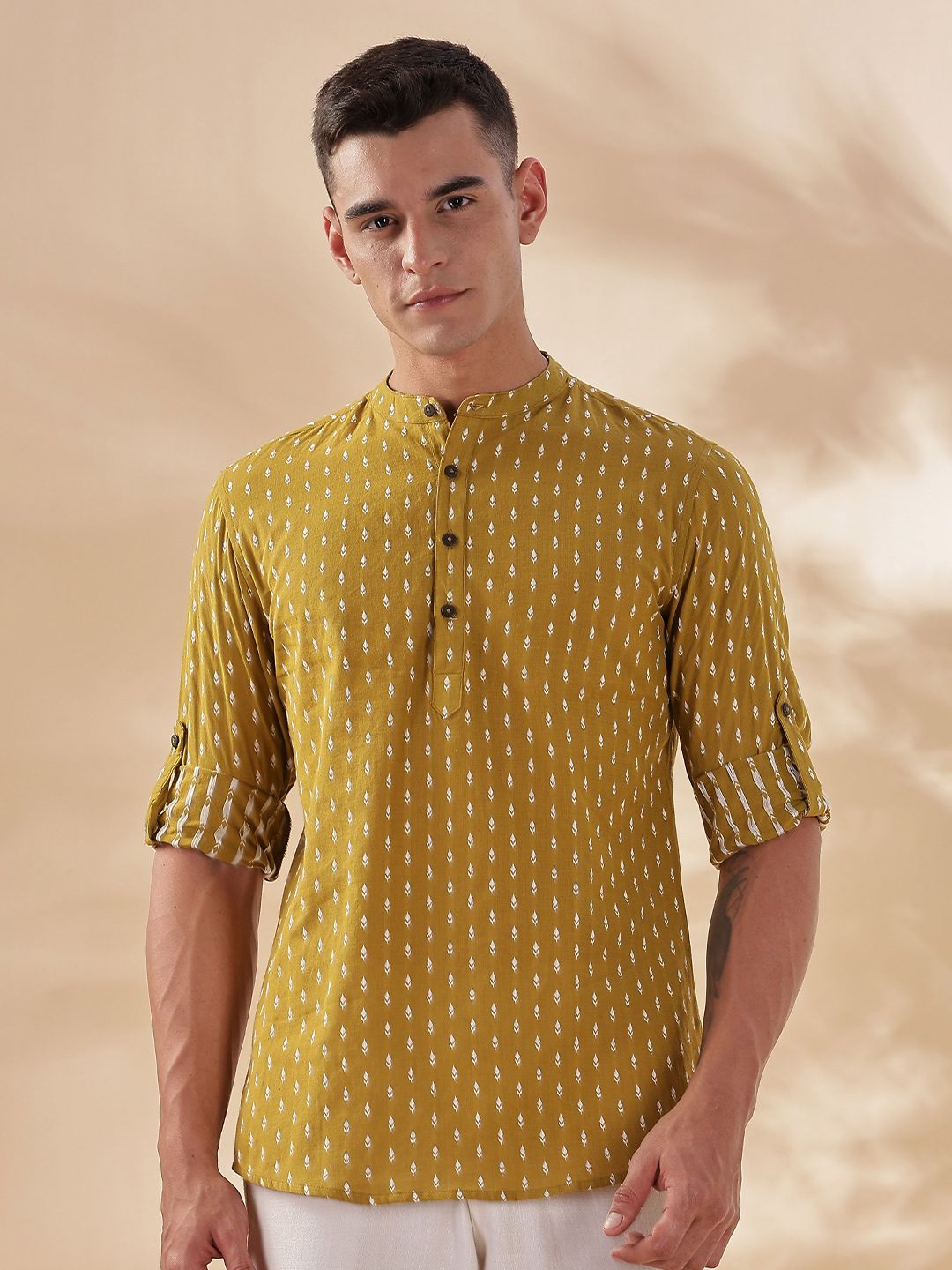 Anouk Men Mustard Pure Cotton Dobby Printed Mandarin Collar Short Kurta