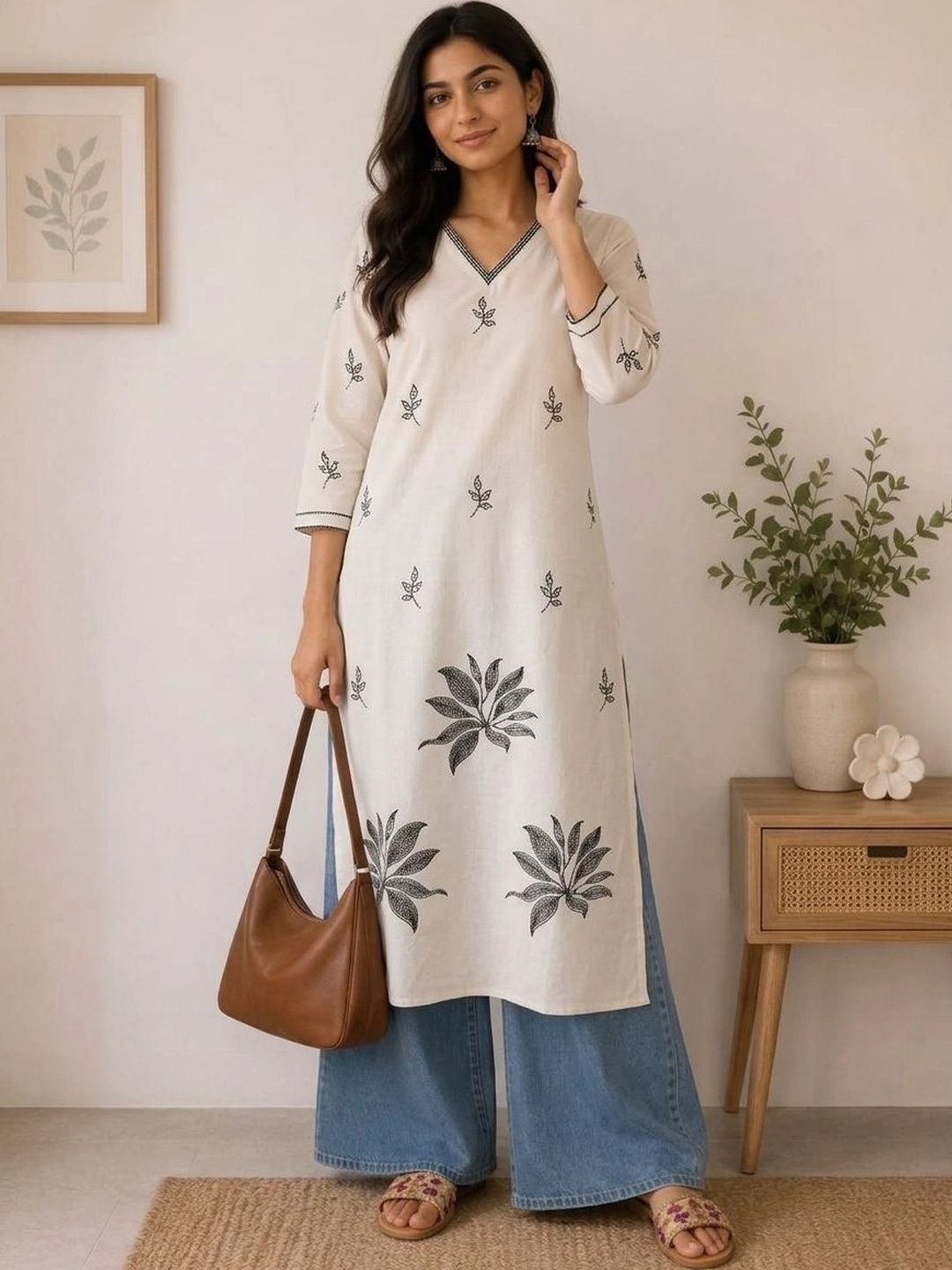 AXI COUTURE Botanical Embroidered V-Neck Pure Cotton Kurti