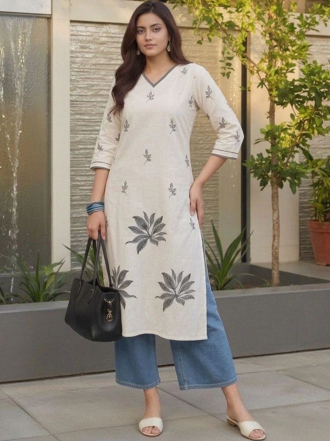HOUSE OF AXI Botanical Embroidered V-Neck Thread Work Pure Cotton Thread Work Kurti