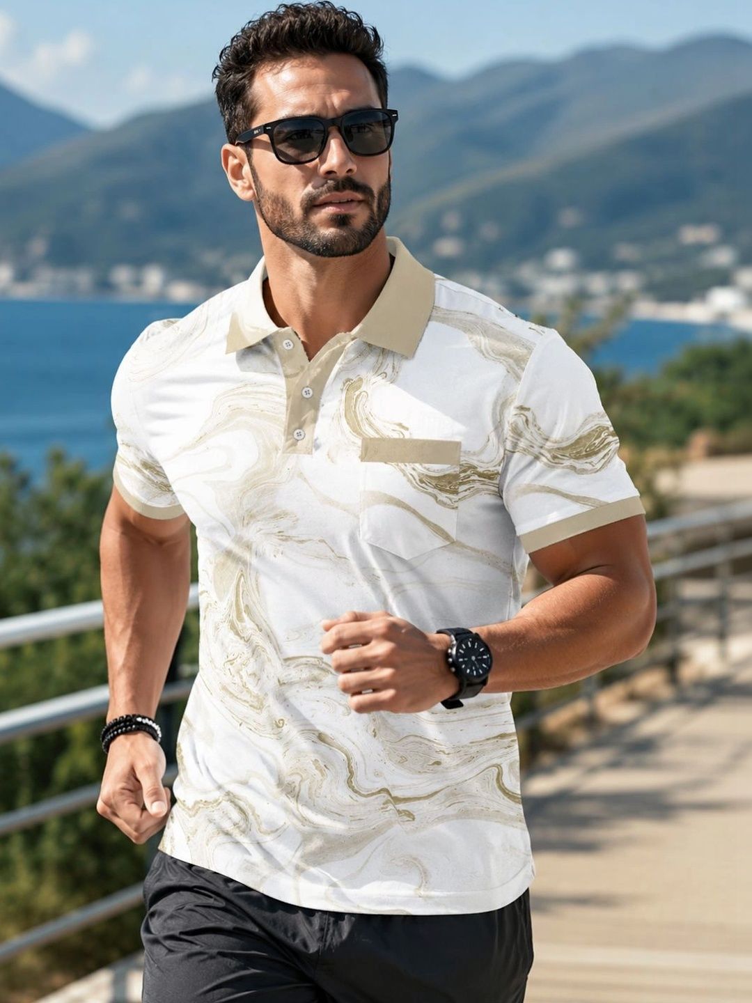 Moda Rapido Men Printed Polo Collar Pockets T-shirt