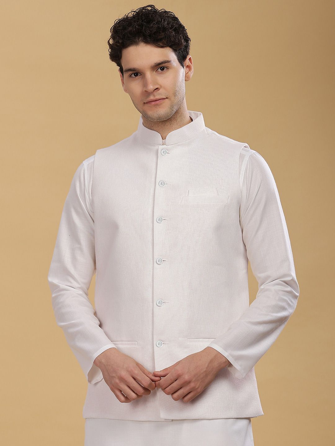 Anouk Men Cotton Linen Woven Nehru Jackets