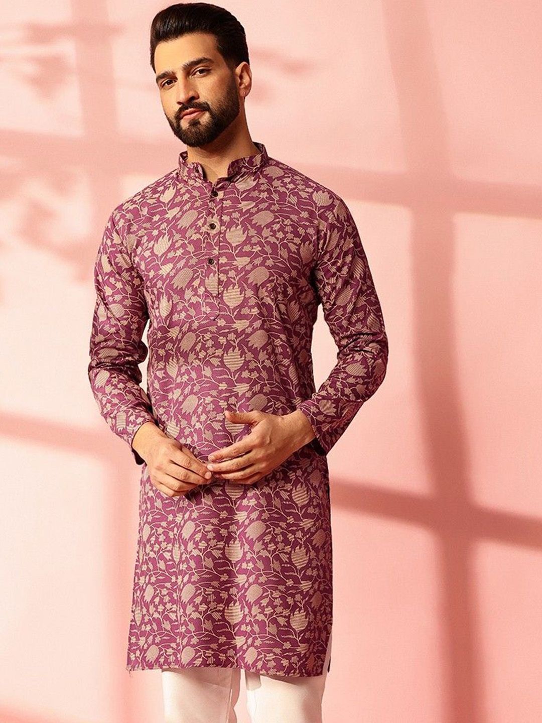 Anouk Floral Printed Band Collar Cotton Linen Straight Kurta